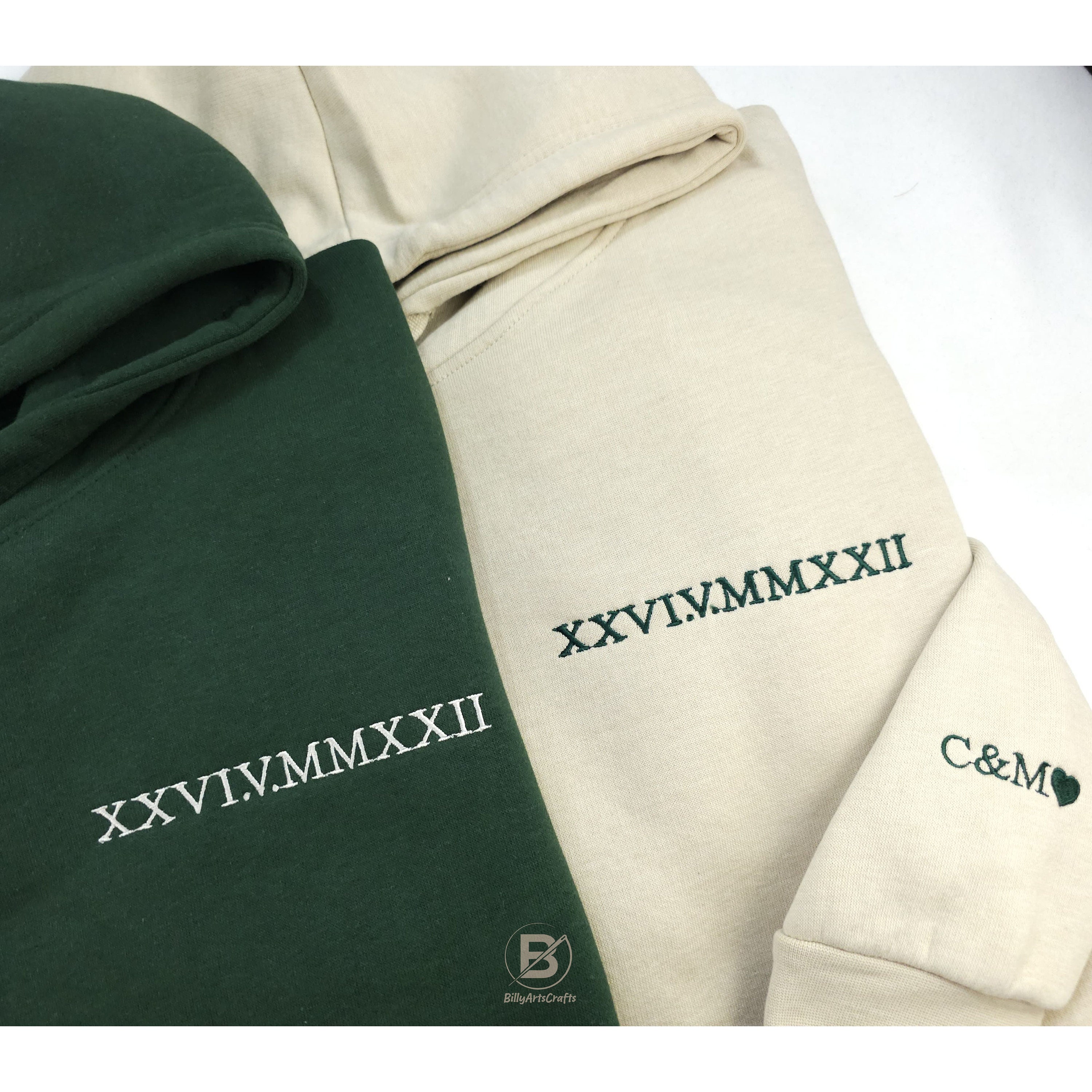 Roman Numeral Embroidered Matching Hoodie, Custom Initials With Heart Sleeve Jumper, Custom Anniversary Date Couple Hoodies, Boyfriend Gift