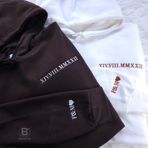 Roman Numeral Embroidered Matching Hoodie, Custom Initials With Heart Sleeve Jumper, Custom Anniversary Date Couple Hoodies, Boyfriend Gift