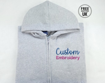 Personalised Text/Logo Embroidered Hoodie, Custom Monogrammed Zip up Hoodie, Your Own Business Designs Full Zip Jumpers, Team Matching Tops