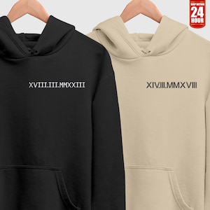Roman Numeral Embroidered Matching Hoodie, Custom Initials With Heart Sleeve Jumper, Custom Anniversary Date Couple Hoodies, Boyfriend Gift