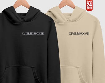 Roman Numeral Embroidered Matching Hoodie, Custom Initials With Heart Sleeve Jumper, Custom Anniversary Date Couple Hoodies, Boyfriend Gift