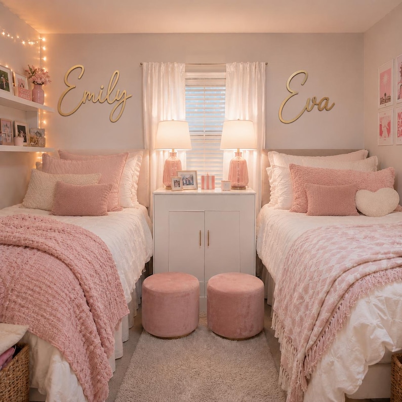 Op de afbeelding: Twee eenpersoonsbedden met wit beddengoed en roze textuurrijke plaids, voorzien van houten wandborden met de namen Emily en Eva. De kamer bevat twee roze fluwelen poefs, een witte kast en twee tafellampen met roze voet en witte kap.