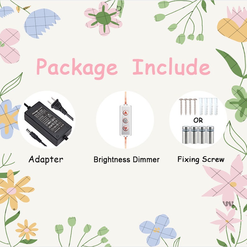 K&ouml;nnte beinhalten: Bild mit dem Inhalt eines Pakets, einschlie&szlig;lich eines Adapters, eines Helligkeitsdimmers und Befestigungsschrauben. Der Text "Package Include" ist in Rosa dargestellt. Der Hintergrund ist mit floralen Illustrationen verziert.