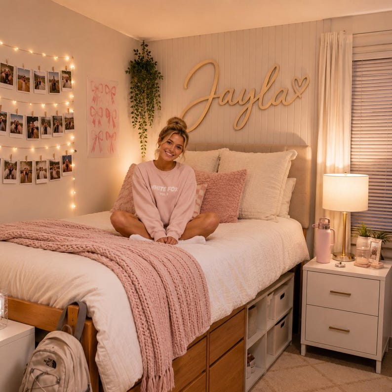 Op de afbeelding: Een houten wandbord met de naam Jayla in cursief schrift en een hartje, gemonteerd boven een bed met wit beddengoed, een roze gebreide deken, roze kussens en een lichtsnoer met foto's aan de muur.