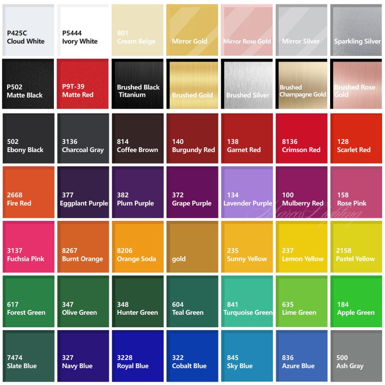 Op de afbeelding: Een kleurenkaart met een raster van negenenveertig vierkante stalen, elk voorzien van een unieke code en kleurnaam. Het palet bevat diverse tinten wit, zwart, rood, bruin, paars, roze, oranje, geel, groen, blauw en grijs.