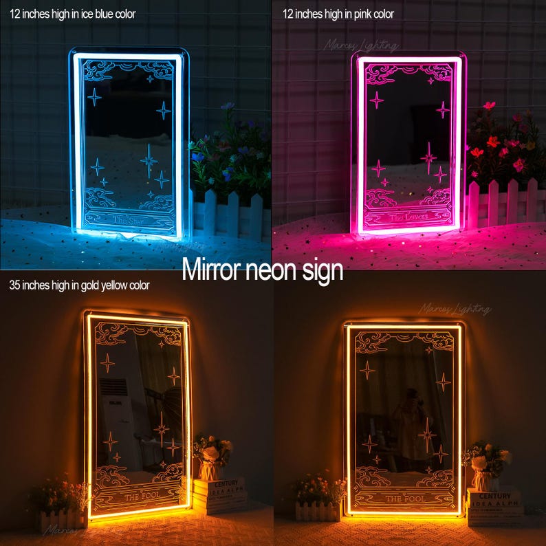 K&ouml;nnte beinhalten: Neon-Spiegelschilder in Eisblau, Pink und Goldgelb. Die Schilder sind rechteckig mit einem Tarotkarten-Design, das Sterne und Wolken zeigt. Die eisblauen und rosa Schilder sind 30 cm hoch, w&auml;hrend das goldgelbe Schild 89 cm hoch ist.