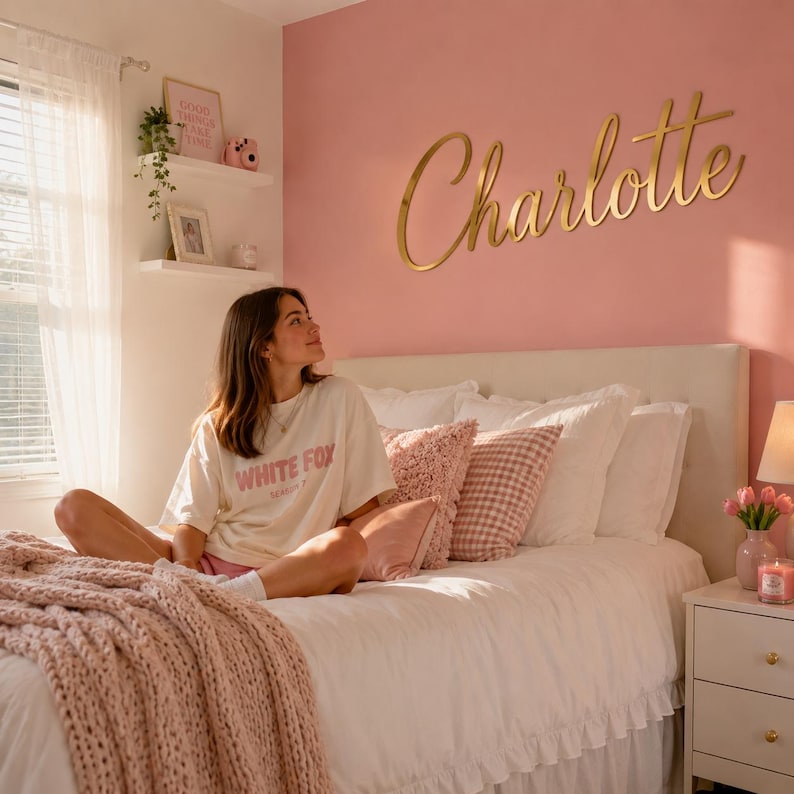Op de afbeelding: Een groot goudkleurig wandbord in cursief schrift met de naam Charlotte, gemonteerd op een roze muur boven een bed met wit beddengoed, een grof gebreide roze deken en diverse decoratieve kussens in roze en witte tinten.
