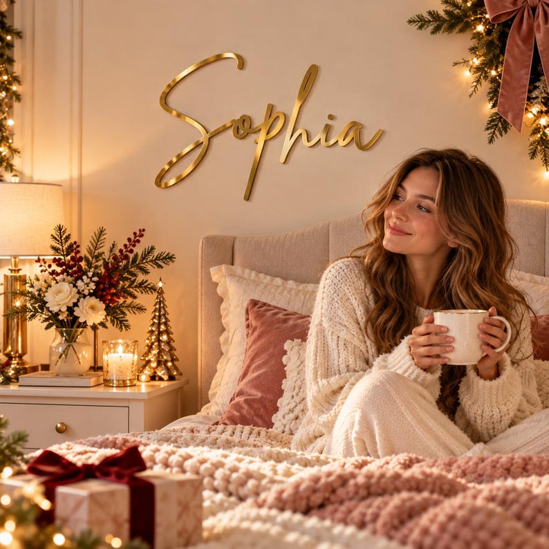 Op de afbeelding: Een goudkleurig wandbord met de naam Sophia in een cursief lettertype. De letters zijn bevestigd op een effen muur boven een bed en hebben een metallic afwerking die het licht in de slaapkamer reflecteert.