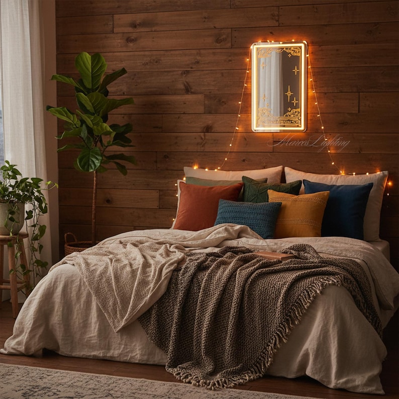 K&ouml;nnte beinhalten: Ein gem&uuml;tliches Schlafzimmer mit einem Bett mit einer neutralen Bettdecke und einer strukturierten Decke. Bunte Kissen in Orange-, Blau- und Gr&uuml;nt&ouml;nen setzen Farbakzente. &Uuml;ber dem Bett h&auml;ngt ein dekorativer Spiegel mit warmem, leuchtendem Rahmen, und Lichterketten sorgen f&uuml;r eine weiche Atmosph&auml;re.