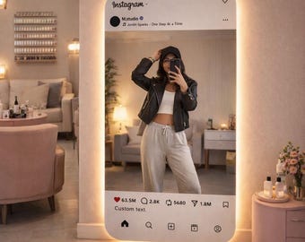 Insegna al neon a LED con specchio personalizzato con nome, insegna a specchio per social media, specchio LED per selfie personalizzato, arredamento per dormitori universitari