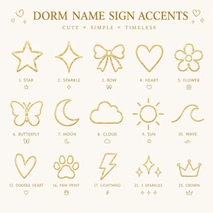 Op de afbeelding: Een verzameling goudkleurige omtrekiconen met het label DORM NAME SIGN ACCENTS. De iconen bevatten een ster, sprankeling, strik, hart, bloem, vlinder, maan, wolk, zon, golf, krabbelhart, pootafdruk, bliksem, 3 sprankelingen en een kroon.