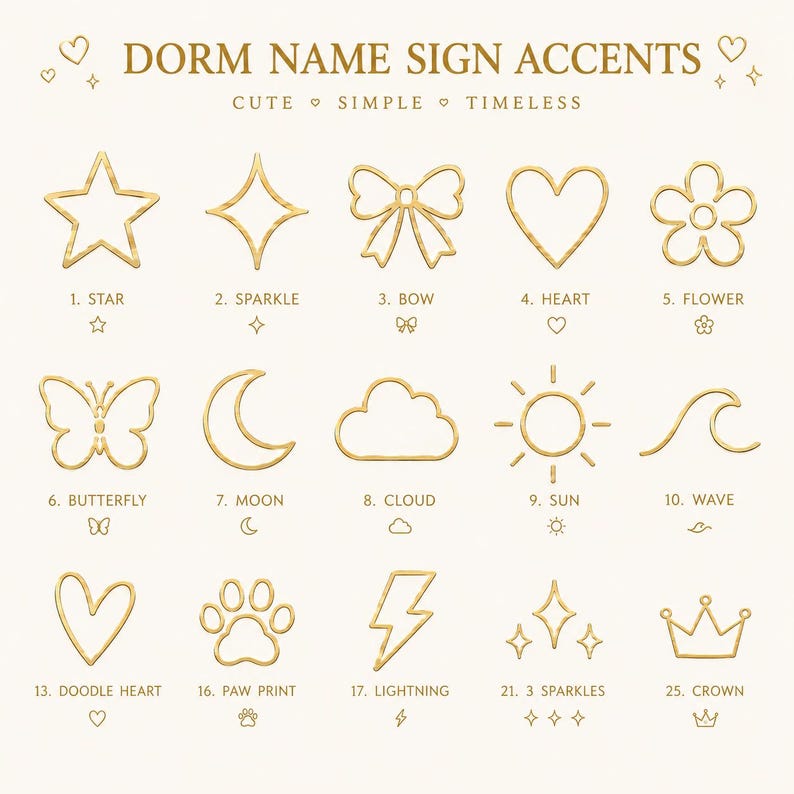 Op de afbeelding: Een verzameling goudkleurige omtrekiconen met het label DORM NAME SIGN ACCENTS. De iconen bevatten een ster, sprankeling, strik, hart, bloem, vlinder, maan, wolk, zon, golf, krabbelhart, pootafdruk, bliksem, 3 sprankelingen en een kroon.