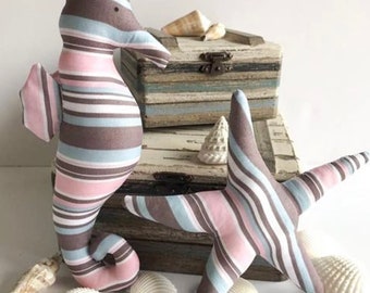 Stripe Seahorse Starfish Toy Stuffed Pink Blue White Taupe Plum Nautical Aquatic Nursery Decor Fish toy Baby Shower gift