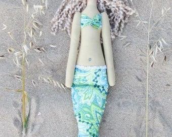 Mermaid Doll Handmade Fabric Doll Sea Green Mermaid Room Decor Doll Cloth Doll Art Doll Rag Doll Blonde Mermaid - gift for girl and mom