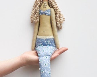 Mermaid Doll Handmade Fabric Doll Blue Cloth Doll Art Doll Rag Doll Blonde Blue Mermaid Nautical Room Decor Doll