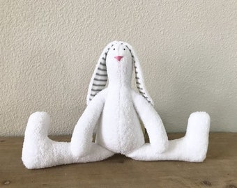 White Bunny Easter Bunny Toy Stuffed Bunny Rabbit Hare Plush Bunny White Terry Cloth Gray Stripes Stuffed Toy Baby Shower Room Nursery Decor