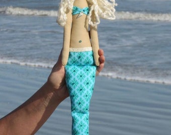 Mermaid Doll Turquoise Blonde Fabric Doll Nautical Room Decor Cloth Doll Art Doll Rag Doll Mermaid