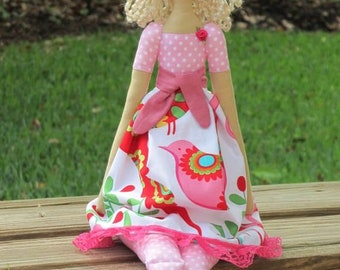 Rag Doll Fabric Doll Stuffed Doll, Tilda Doll Blonde pink polka dots Cloth Doll Art Doll cute toy Handmade Doll Baby Shower Room Decor Doll