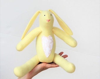 Yellow Bunny Rabbit Stuffed Doll Cute Soft Easter Bunny Hare Softie Plush with Lace Heart Appliqué gift for Baby Shower Nursery Room Décor