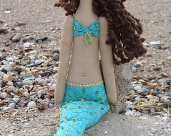 Mermaid Doll Fabric Doll Cloth Doll Art Doll Turquoise Brunette Mermaid Handmade Rag Doll Room Decor Doll Nursery Decor Doll