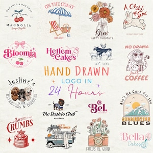 Pode incluir: Uma coleção de vários designs de logotipos desenhados à mão com ilustrações de cerejas, cenas de praia, flores, animais, bolos e café, com elementos de texto incluindo 'Magnolia', 'Bloomia', 'Hellem Cakes', 'Justine's' e 'Sweet Crumbs'.