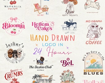May include: A collection of various hand-drawn logo designs featuring illustrations of cherries, beach scenes, flowers, animals, cakes, and coffee, with text elements including 'Magnolia', 'Bloomia', 'Hellem Cakes', 'Justine's', and 'Sweet Crumbs'.