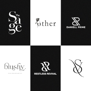 May include: A collage of nine black and white logos. The logos feature stylized lettering and illustrations. The logos include "The Sage", "other", "Daniell Prime", "blushy. HIGH FASHION AND CO.", "RESTLESS REVIVAL", and "VS".