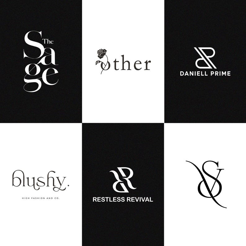 May include: A collage of nine black and white logos. The logos feature stylized lettering and illustrations. The logos include "The Sage", "other", "Daniell Prime", "blushy. HIGH FASHION AND CO.", "RESTLESS REVIVAL", and "VS".