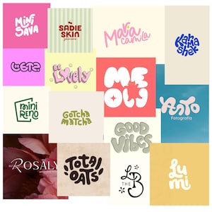 May include: A collage of logos in various colors and styles. The logos include text such as "Mini Sava", "Sadie Skin Skincare", "Maria Camila", "Kaha Shek", "Ceta", "Be Lovely", "Meow", "Mini Reno", "Gotcha Matcha", "Anto Fotografia", "Good Vibes", "Total Oats", "The B", and "Lumi".