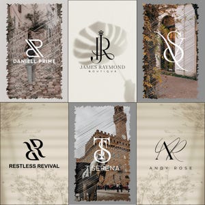 May include: A collection of six different logo designs featuring a combination of letters and a crown. The logos are set against a background of various textures and patterns, including brick, wood, and foliage.