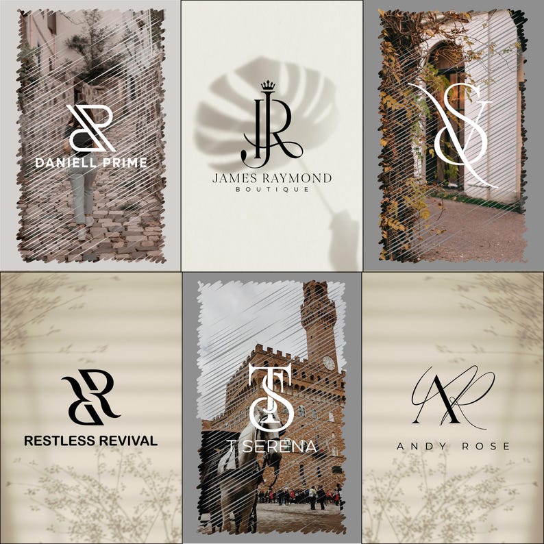 May include: A collection of six different logo designs featuring a combination of letters and a crown. The logos are set against a background of various textures and patterns, including brick, wood, and foliage.