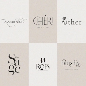 May include: A collage of nine minimalist logo designs for various businesses. The logos feature simple lines, typography, and illustrations. The logos include "Awakening 101", "Cheri Bar & Store", "Other", "The Sage", "La Roes Salon & Beauty Clinic", and "Blushy High Fashion and Co."