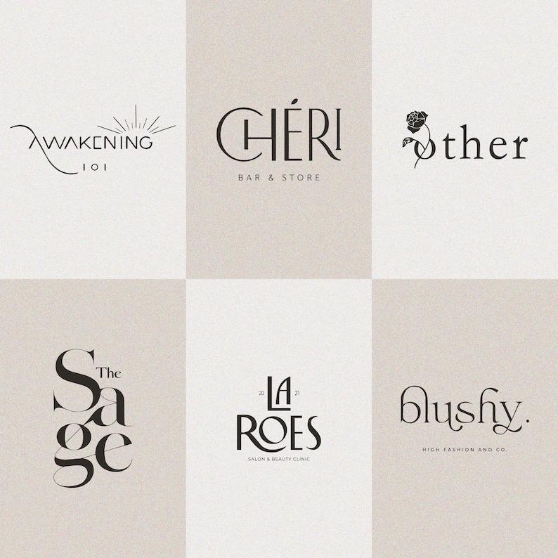 May include: A collage of nine minimalist logo designs for various businesses. The logos feature simple lines, typography, and illustrations. The logos include "Awakening 101", "Cheri Bar & Store", "Other", "The Sage", "La Roes Salon & Beauty Clinic", and "Blushy High Fashion and Co."