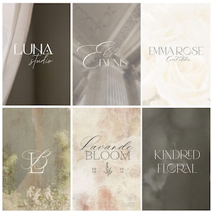 May include: A collection of six logos with a minimalist aesthetic. The logos display text in different fonts, including "LUNA studio", "Ella Clements", "EMMA ROSE", "Lavande BLOOM", "Kindred FLORAL", and a monogram. The colour scheme is soft and muted.