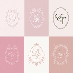 May include: A collection of six distinct monogram logos arranged in a grid on varied pink and white backgrounds. Each logo features elegant cursive initials enclosed within decorative frames, including bows, floral motifs, crowns, and oval borders.