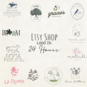 Könnte beinhalten: Eine Sammlung von zwölf verschiedenen grafischen Logos mit diversen Illustrationen, darunter Tiere, Pflanzen und Text. Der zentrale Text lautet Etsy Shop Logo in 24 Hours. Die Designs verwenden schwarze, rosa und grüne Tinte auf hellem Grund.