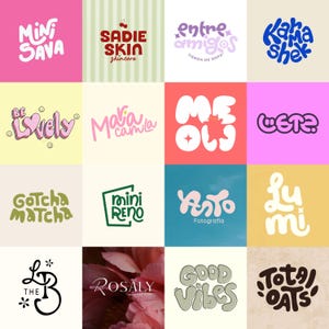 Könnte beinhalten: Ein Raster von sechzehn farbenfrohen Logos mit verschiedenen Schriftarten und Designs. Die Logos enthalten Texte wie "Mini Sava", "Sadie Skin Skincare", "Entre Amigos", "Kaha Shek", "Be Lovely", "Maria Camila", "Me Ol", "Cete", "Gotcha Matcha", "Mini Reno", "Yasto Fotografía", "Lumi", "The LB", "Rosaly", "Good Vibes" und "Total Oats".