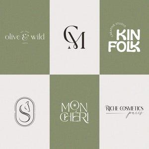 May include: A collage of six different logos. The top left logo is for a company called "olive & wild" and features the text "olive & wild" in a black font with the text "GIFTS" in a smaller font below. The top middle logo is a simple black and white monogram of the letters "CM". The top right logo is for a company called "KIN FOLK" and features the text "KIN FOLK" in a white font with the text "CREATIVE STUDIO" in a smaller font above. The bottom left logo is a simple black and white illustration of a stylized letter "S" with a small animal head inside the letter. The bottom middle logo is for a company called "MON CHERI" and features the text "MON CHERI" in a white font with a small star between the words. The bottom right logo is for a company called "RICHE COSMETICS" and features the text "RICHE COSMETICS" in a black font with the text "paris" in a smaller font below.