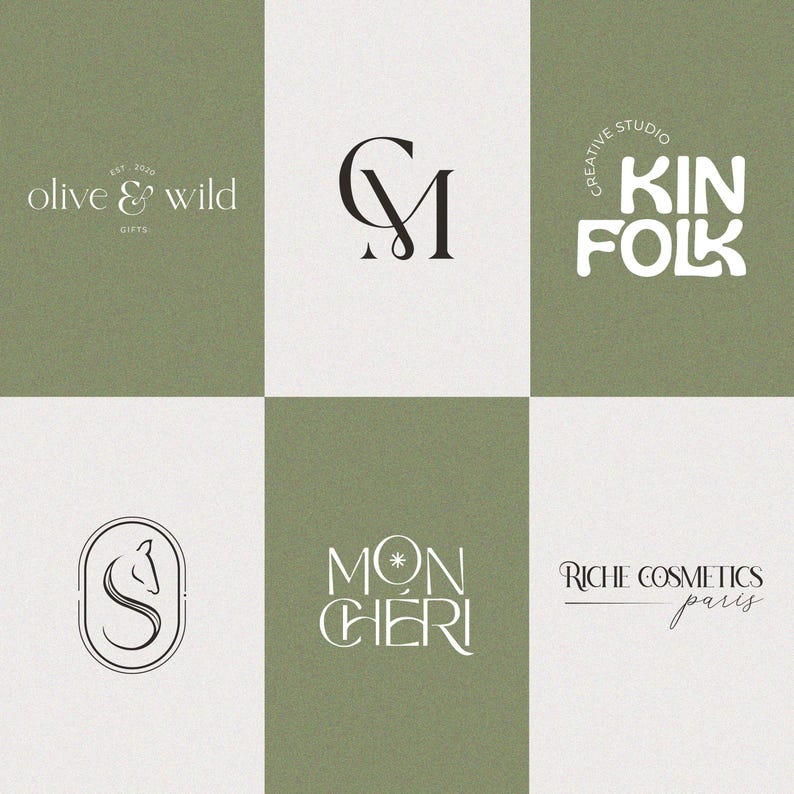 May include: A collage of six different logos. The top left logo is for a company called "olive & wild" and features the text "olive & wild" in a black font with the text "GIFTS" in a smaller font below. The top middle logo is a simple black and white monogram of the letters "CM". The top right logo is for a company called "KIN FOLK" and features the text "KIN FOLK" in a white font with the text "CREATIVE STUDIO" in a smaller font above. The bottom left logo is a simple black and white illustration of a stylized letter "S" with a small animal head inside the letter. The bottom middle logo is for a company called "MON CHERI" and features the text "MON CHERI" in a white font with a small star between the words. The bottom right logo is for a company called "RICHE COSMETICS" and features the text "RICHE COSMETICS" in a black font with the text "paris" in a smaller font below.