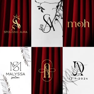 May include: A collage of six different logo designs featuring the letters "S" and "A" in various styles and fonts. The logos are set against a backdrop of red velvet curtains and white backgrounds. Some logos include floral elements, crowns, and the text "Spousing Aura", "Malyssa Salon", and "12.7.2024".