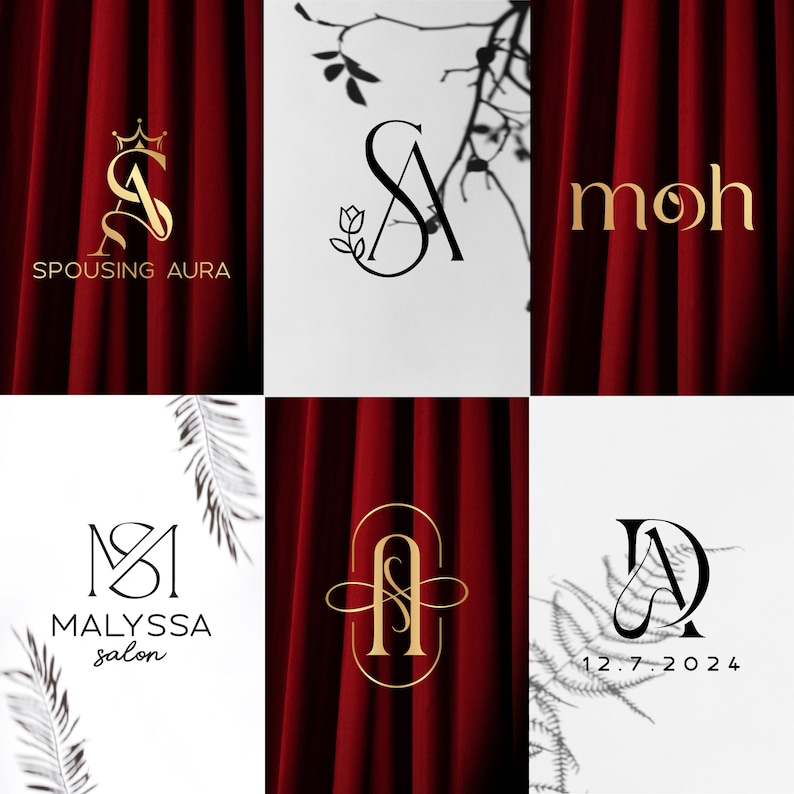 May include: A collage of six different logo designs featuring the letters "S" and "A" in various styles and fonts. The logos are set against a backdrop of red velvet curtains and white backgrounds. Some logos include floral elements, crowns, and the text "Spousing Aura", "Malyssa Salon", and "12.7.2024".