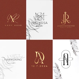 May include: A collage of nine images featuring different logo designs. The logos are all in a minimalist style and feature a combination of letters and symbols. The logos are set against a background of white and red.