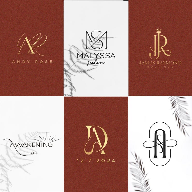 May include: A collage of nine images featuring different logo designs. The logos are all in a minimalist style and feature a combination of letters and symbols. The logos are set against a background of white and red.