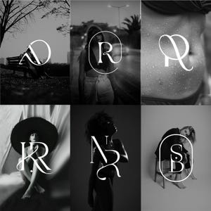 May include: A collage of six black and white images featuring different women with a minimalist graphic design of a letter in a circle. The letters are A, R, N, S, K, and R.