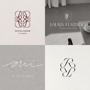 May include: A collection of four logos displayed on a light background. The logos showcase sophisticated typography and design. One logo reads "OLIVIA LEIGH for FOREVER" with a burgundy intertwined design. Another says "LAURA FURTADO STUDIO + ARQUITETURA". A third says "OUI BY WE THREE FOR THE HOME". The last logo has the letters "R" and "Y".
