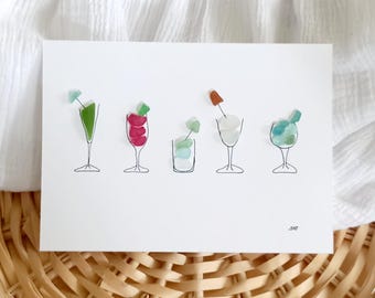 Sea glass liquor glass, Wall art seaglass creation, Sea glass painting, kitchen wall decoration, seaglass cocktail