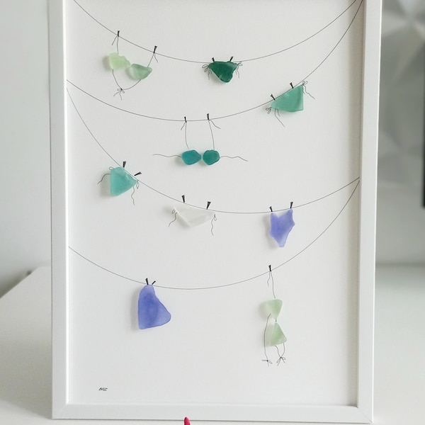 Sea Glass Swimsuit Art – Clothesline Beach Decor – Mediterranean Sea Glass – Coastal Wall Art