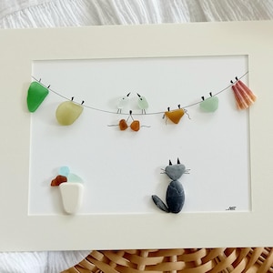Leinen aus Seeglas, Wandkunst aus Seeglas, Kunst aus Seeglas und Kieselsteinen, Katze aus Kieselsteinen und Seeglas