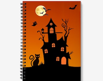 Halloween Spiral Notebook A5 Gift Spooky Journal Note Pad Diary Composition School College Notes - haunted house, bats, black cat, ghost