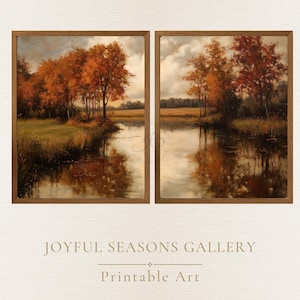 Peut inclure: Un diptyque composé de deux peintures de paysage encadrées représentant des scènes d'automne avec des arbres aux tons orange et rouge se reflétant dans une rivière calme sous un ciel nuageux. Le texte JOYFUL SEASONS GALLERY et Printable Art apparaît.